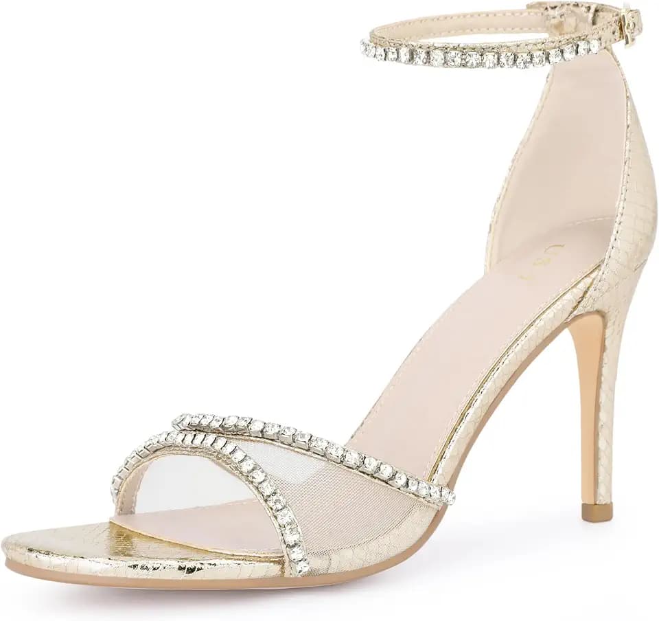 Perphy Rhinestone Open Toe Mesh Stiletto Heels Ankle Strap Sandals for Women