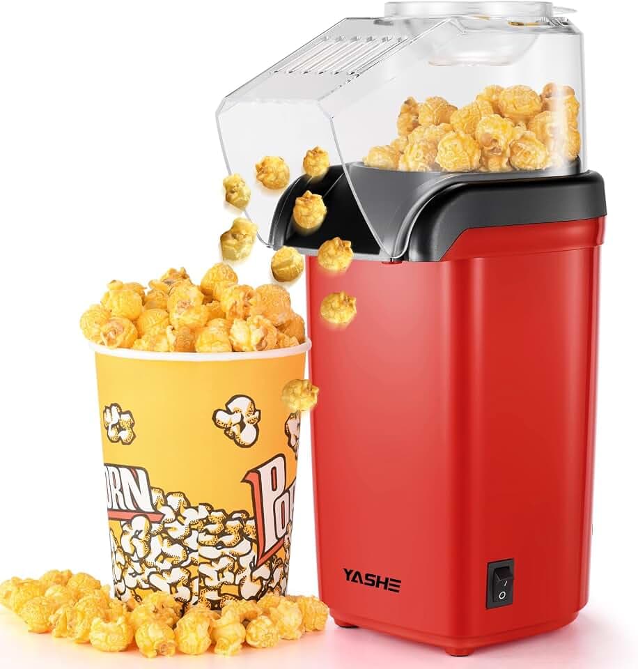 YASHE Popcornmaschine, 1200 W Heißluft Popcorn Maker, Elektrische Popcorn Maschinen, One-Touch-Bedienung, 2 Minuten, Gesund ohne Fett & Öl, Rot