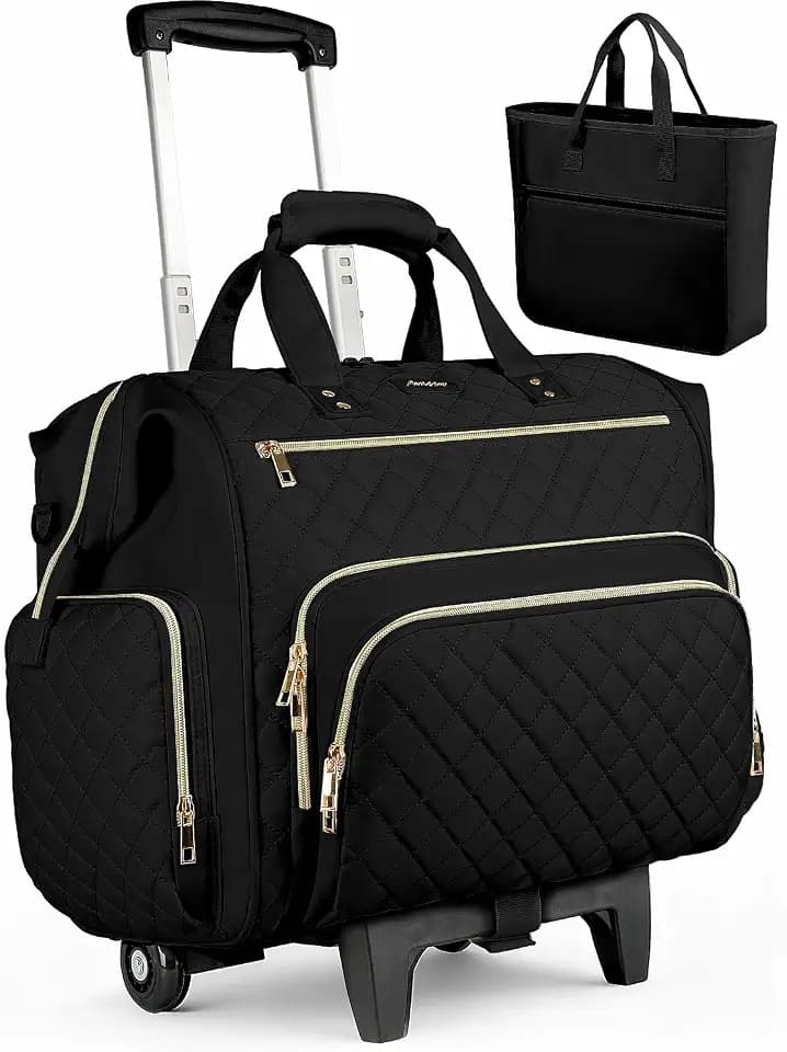 Rolling Teacher Bag, 16 Inch Rolling Laptop Bag with Detachable Dolly & Teacher File Tote, Large Roller Briefcase for Teaching Office Work, Women, Craft Nurse, Black