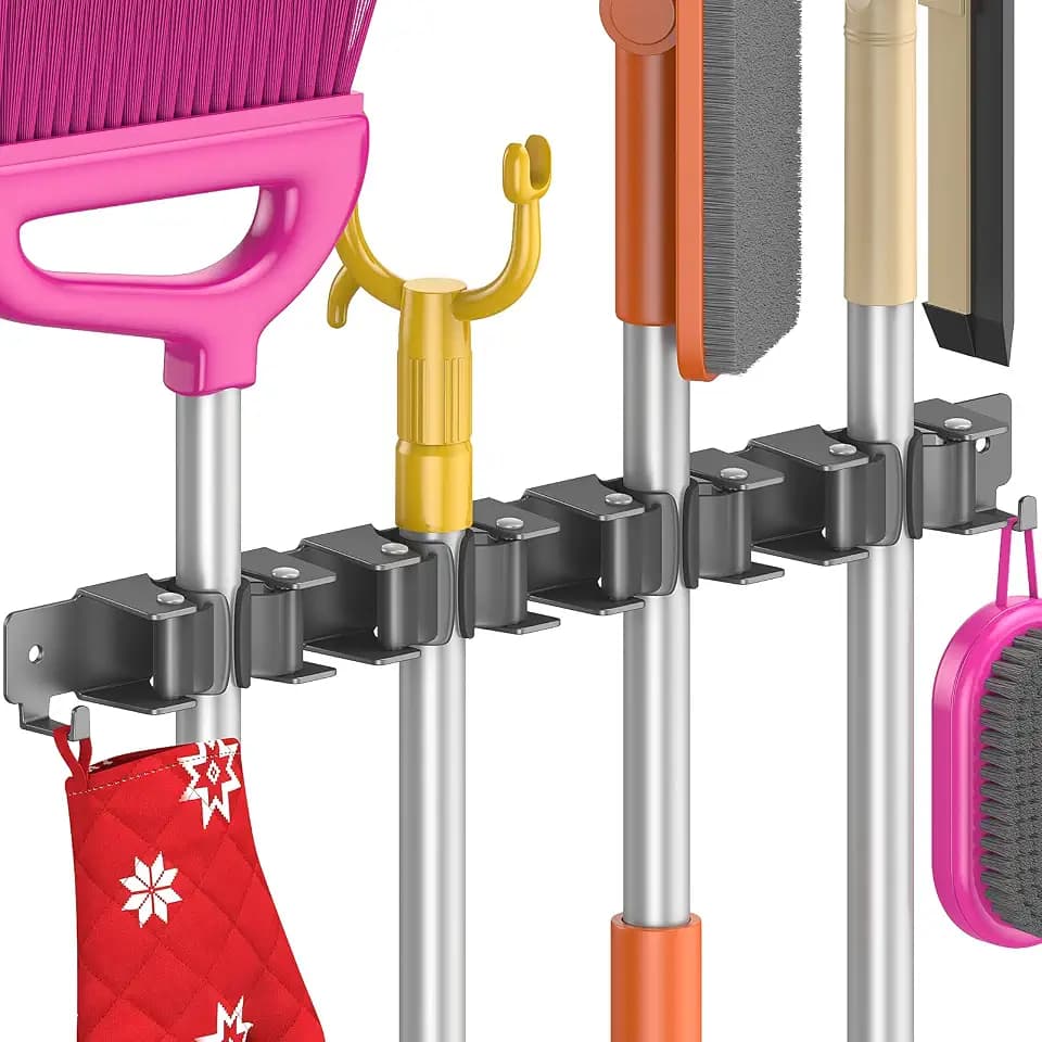 Besenhalterung Wand Selbstklebend, Besenhalter ohne Bohren mit 4 Halter & 2 Haken, Edelstahl Gerätehalter Aufhängung, Wandhalterung für Gartengeräte, Schwarz