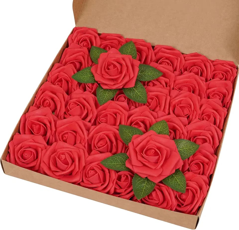 BLEUM CADE 36Pcs Artificial Flowers Fake Foam Roses with Stems for Wedding