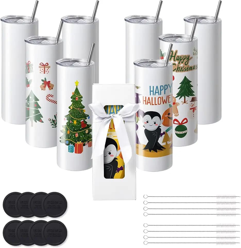 VEVOR 8er-Pack Gerade Sublimationsbecher, 20 oz Blanko-Becher, Edelstahl-Doppelwandbecher mit Strohhalm, Deckel, Bürste, Boden, Schrumpffolie, Geschenkbox, für Wärmepresse und Wärmeübertragung