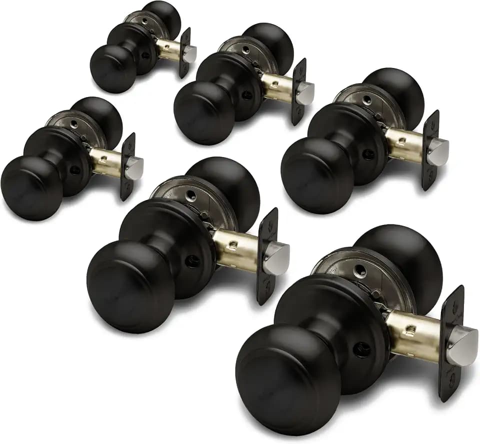 Copper Creek Passage Interior Door Knob – ANSI Grade-3 Certified, Modern Heavy Duty Handle, Easy Install and Reversible for Bedroom, Bathroom & Closets – Matte Black (6 Pack)