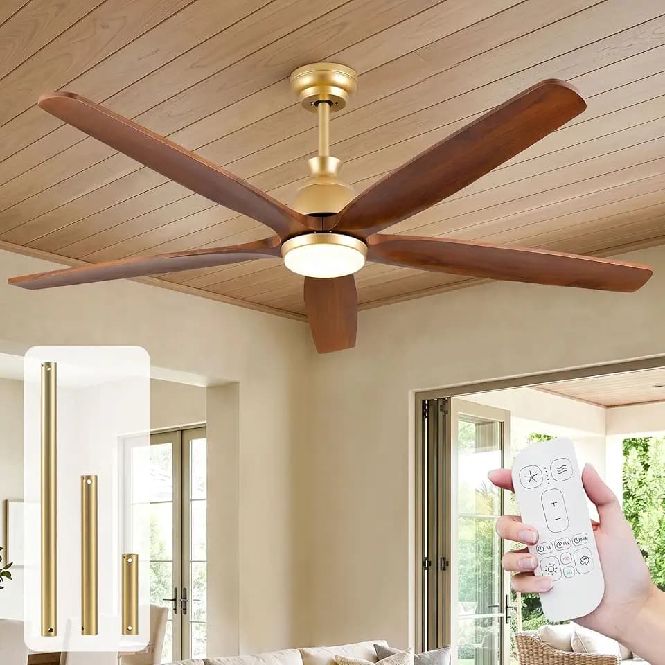 60inch Ceiling Fan with Light,Gold Brass Walnut Finish, 5 Solid Wood Blades