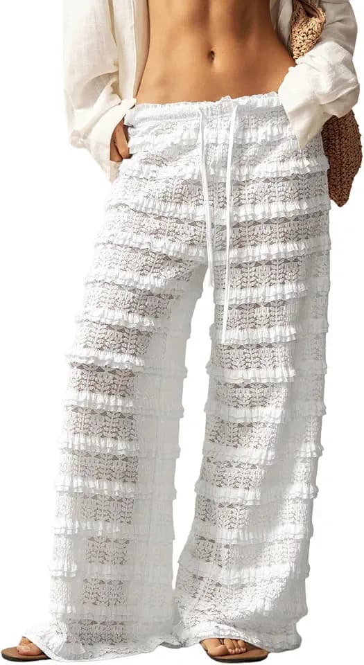 RoseSeek Women's Crochet Lace Pants Mesh Beach Cover Up Vacation Outfits