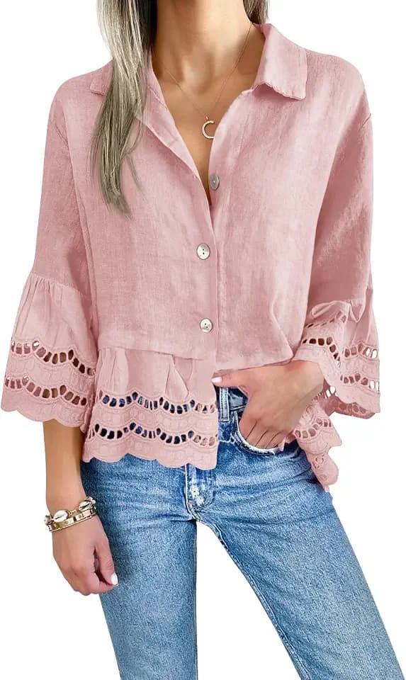 Cicy Bell Womens 3/4 Bell Sleeve Button Down Shirt Casual Top Eyelet Blouse