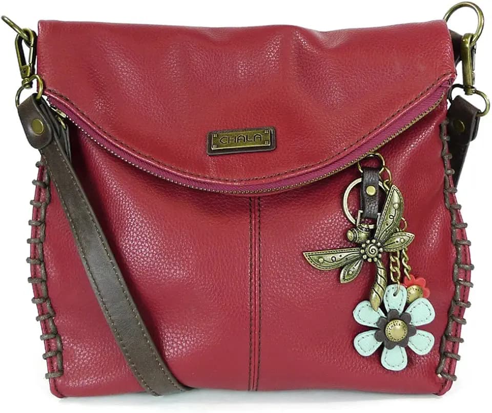 CHALA Crossbody with Charming Dragonfly Keychain -9 Color options (Burgundy_ Metal Dragonfly