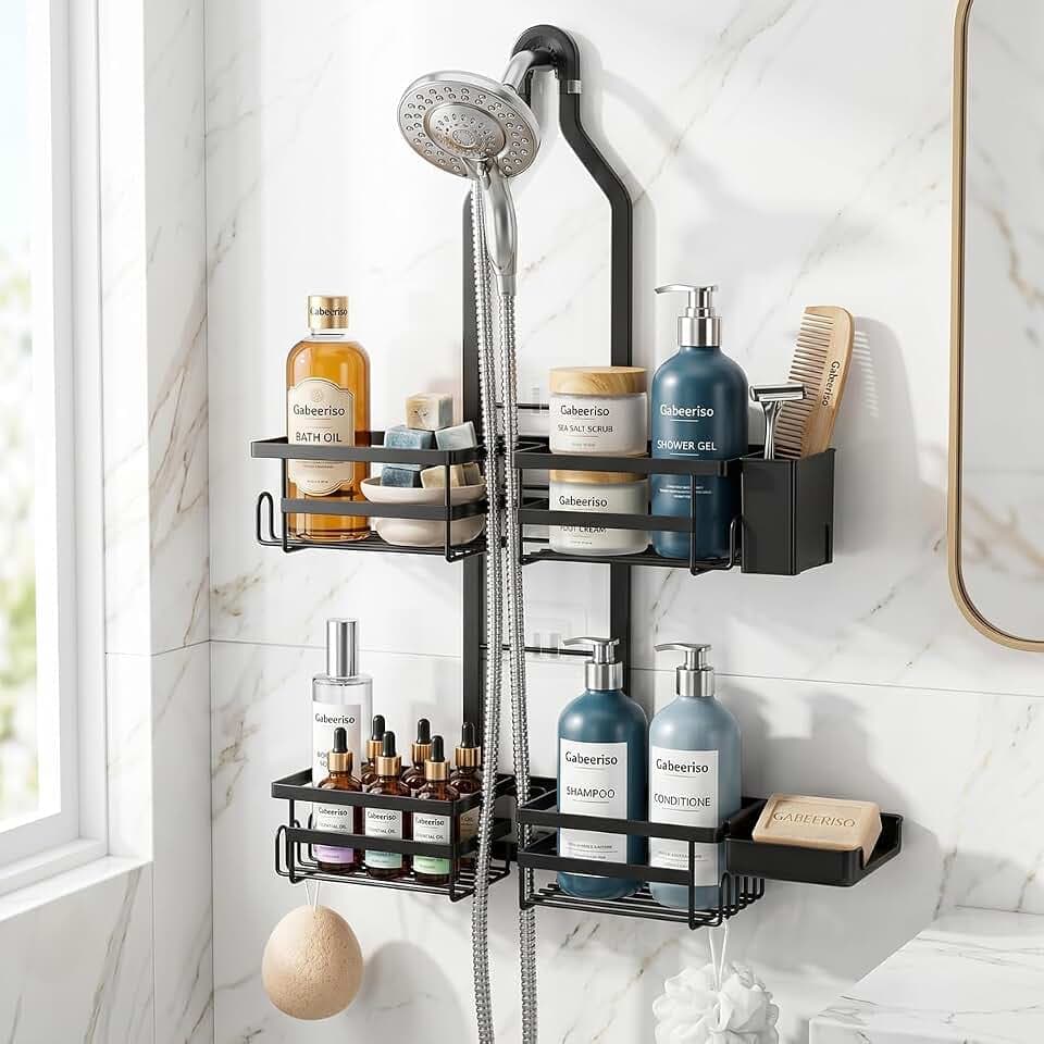 Shower Caddy Hanging Overhead, Adjustable Organizer, Black