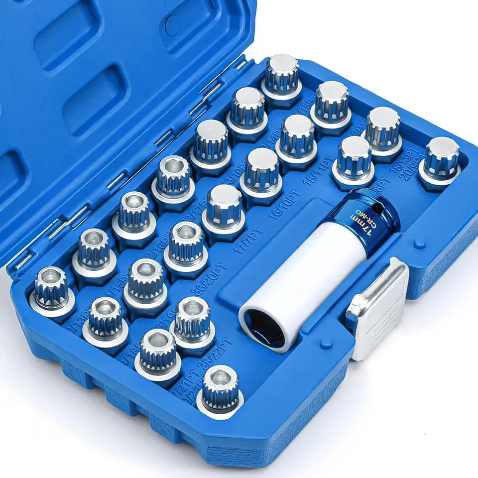21pcs Anti-Theft Wheel Lock Lug Nut Remover Tool Kit, Automotive Wheel Nuts Screw Removal Key Socket Set with 1/2" Square Drive Adapter