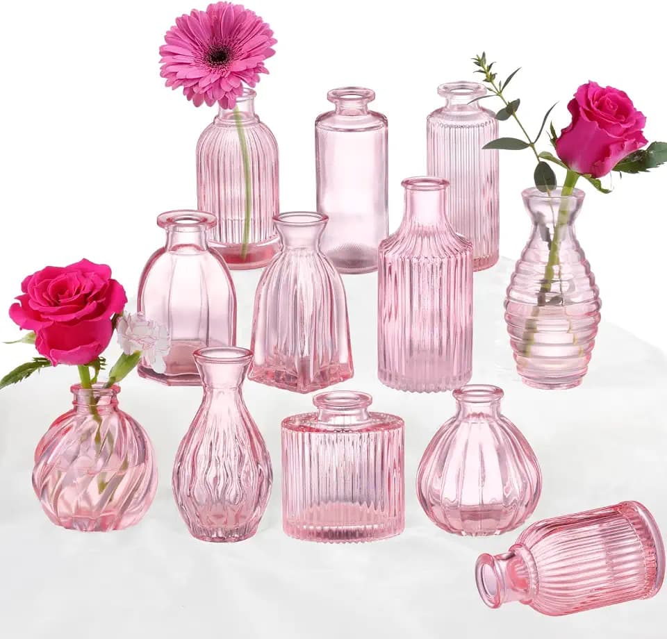 Pinke Vase, Knospenvasen, Set mit 12 Stück, kleine rosa Glasvasen für Blumen, Moderne gerippte Glasvase für Dekoration, Hochzeit, Blumenvase in Großpackung, Vintage-Dekor, Brautparty, Tafelaufsatz,