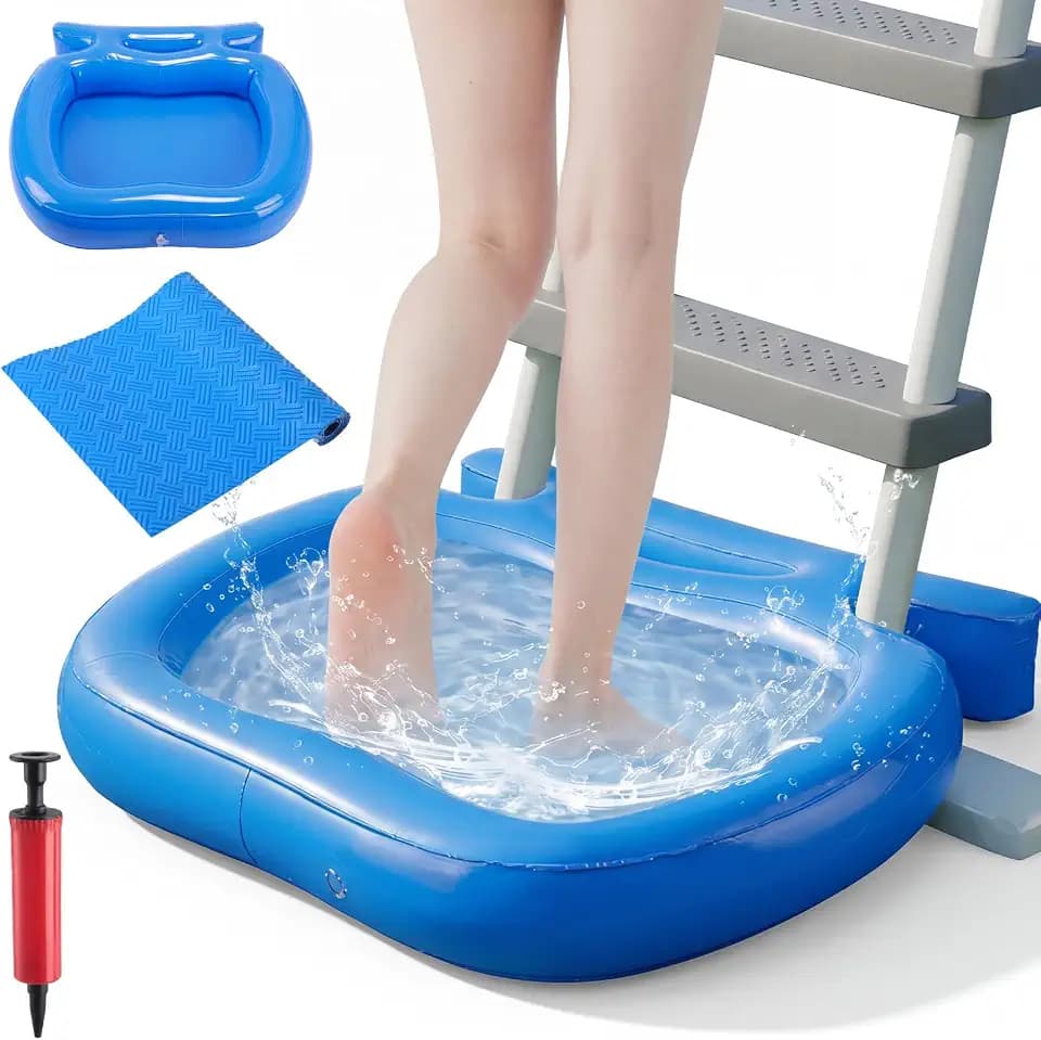 Portable Inflatable Pool Foot Bath and Ladder Mat Set, Foot Soaking Bath and Ladder Pad Step Mat Above Ground Pool Accessories for Swimming Clean Feet with Pump