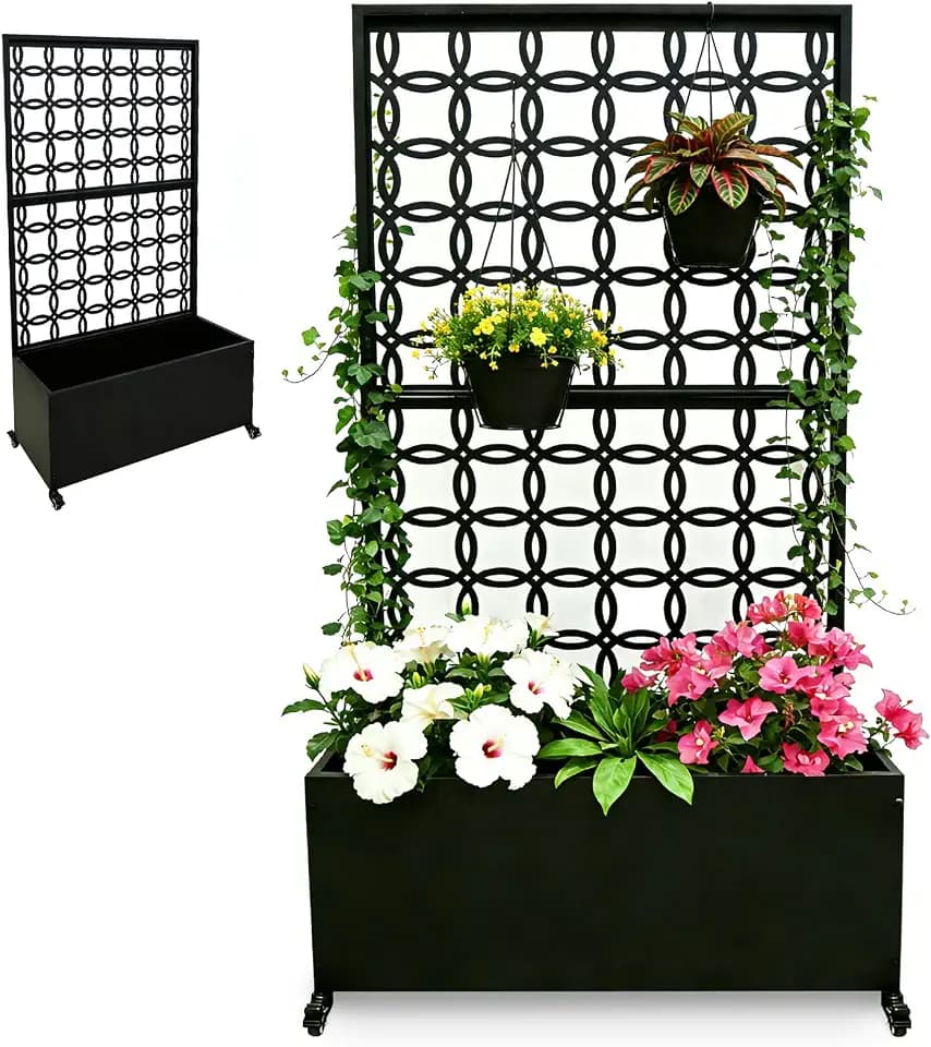 Metal Raised Garden Bed with Trellis and Wheels, 70"x35"x15" Large Planter Box for Climbing Plants & Vegetables, Outdoor Rolling Planter with Drainage Holes and Privacy Screen (Black)