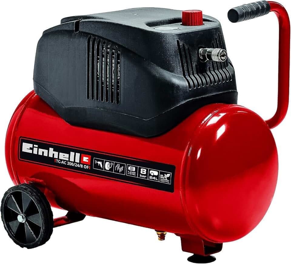Einhell Kompressor TC-AC 200/24/8 OF | 1200 W | 8 bar | 24-L-Tank | 180 l/min Ansaugleistung | Motordrehzahl 15000 U/min | Druckminderer | Manometer | ölfrei