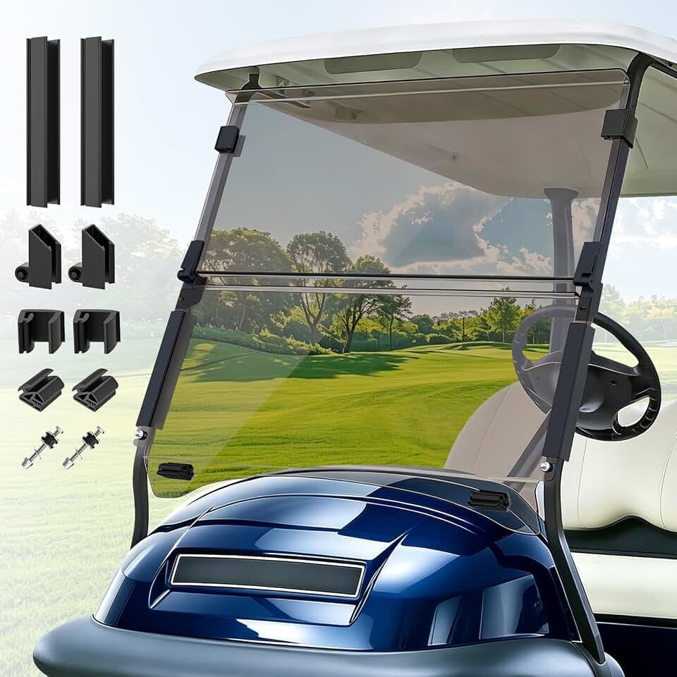 Golf Cart Windshield, Club Car Windshield with Windshield Clips Suitable for 2004-Up Club Car Precedent/Onward/Tempo Golf Carts, PC UV Resistant, Club Car Foldable Windshield Replacement