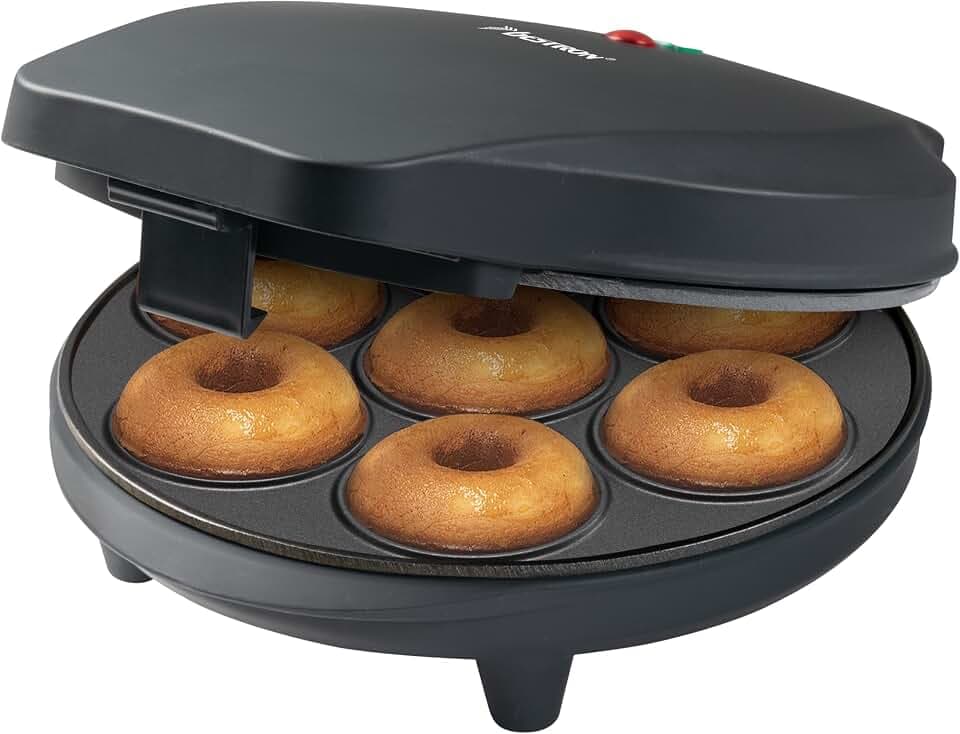 Bestron Donut Maker Im Retro Design, Mini-Donut Maker für 7 Kleine Donuts, Inkl. Backampel & Antihaftbeschichtung, 700 Watt, Farbe: Mattschwarz