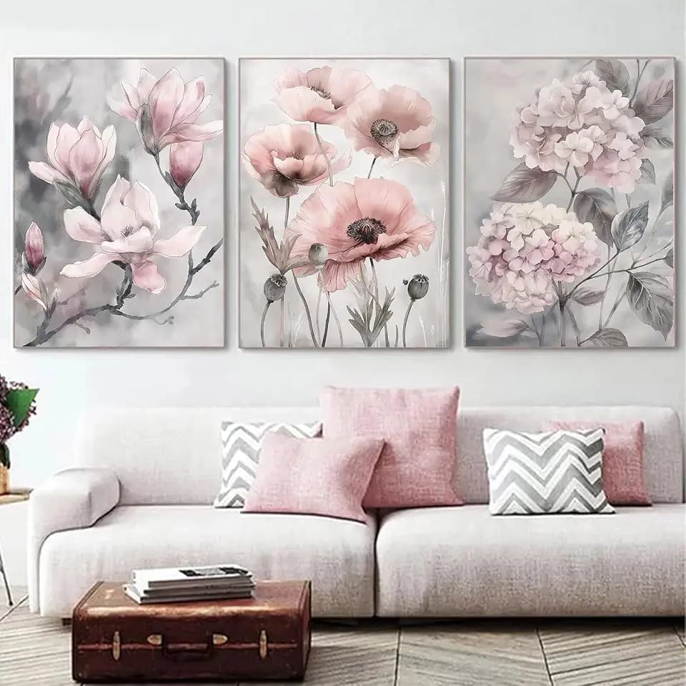 Large Pink Floral Canvas Wall Art Hydrangea Flower Pictures Modern Floral Prints Watercolor Flower Canvas Wall Art Pink Magnolia Painting Gray Flower Pictures Bloom Floral Painting 16x24inx3 No Frame