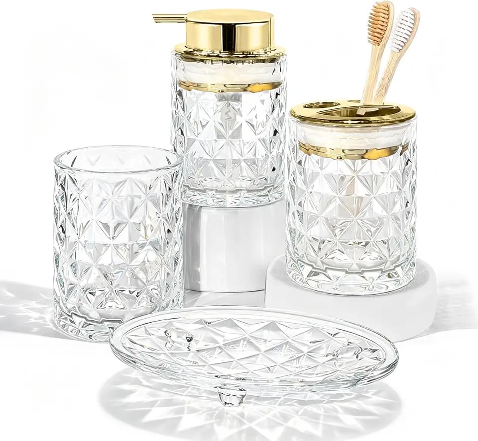 CERBIOR Bathroom Accessories Set, 4 PCS Glass Bathroom Set,Golden White