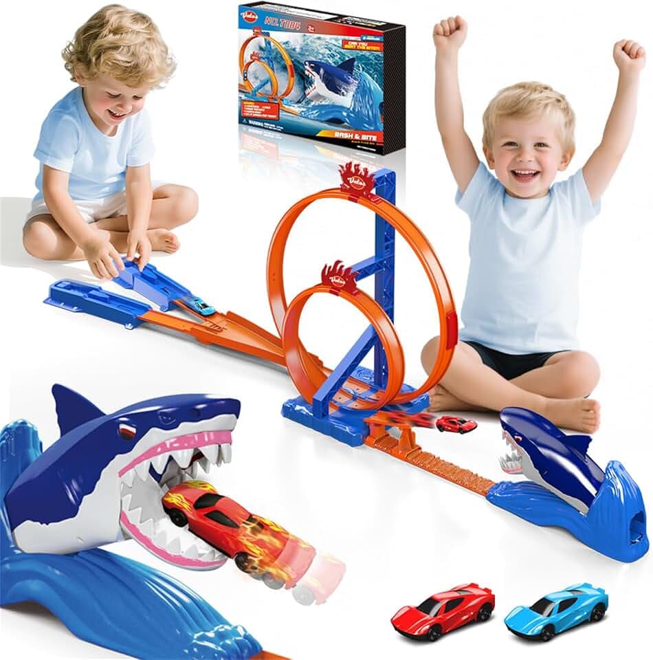 VATOS Rennstrecken Spielzeugauto Set für Kinder, Hai Spielzeug Autorennbahn mit 2 Rennwagen & 2 Looping Track, Springspiel Hai Katapult Stuntbahn, Spielzeug Geschenk für Jungen ab 3 4 5 6 7 8 Jahre