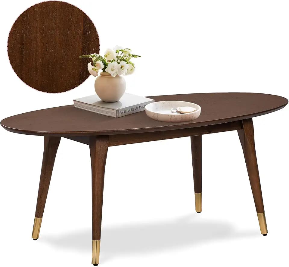 Elle Decor Clemintine Oval Coffee Table, Mid-Century Modern Wood Cocktail Table with Walnut Brown Finish and Brass-Capped Legs for Living Room