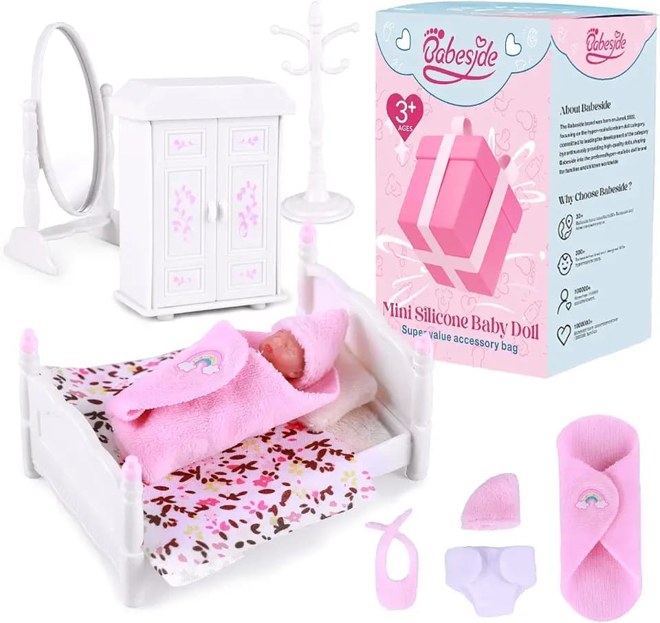 BABESIDE Mini Silikon Reborn Babypuppen - 3 Zoll Entzückende Schlafende Neugeborenen-Babypuppe, Realistische Miniatur Reborn Puppe lebensecht mit Möbel Zubehör, für Kinder ab 3 Jahren (Rosa)