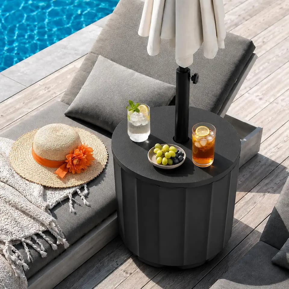 Umbrella Side Table with Hole, Weighted Umbrella Base, Black