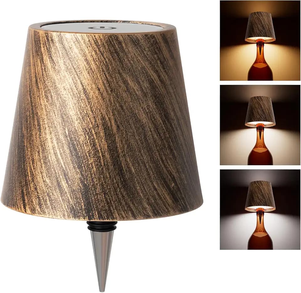 Wireless Bottle Lamp, Wine Bottle Lights with 3 Color Temperatures, Rechargeable Stepless Dimming LED Lights for Liquor, Wireless Lamp for Bedroom, Restaurant, Bar - Bronze