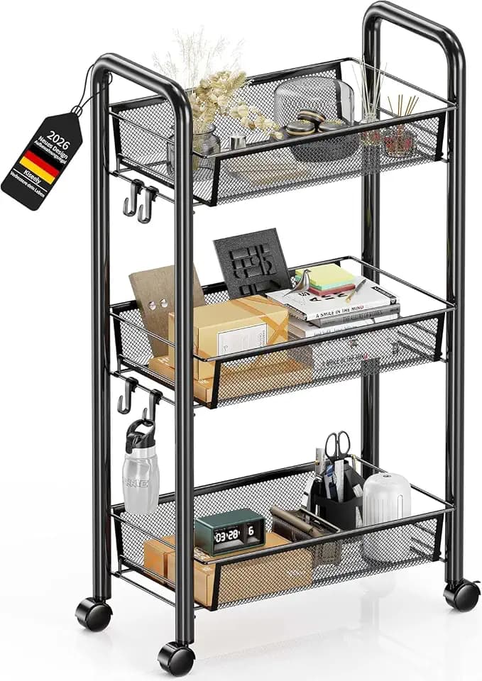 Rollwagen Metall Servierwagen,Küchenwagen,Küche,360° drehbare Räder,Aufbewahrungswagen mit 3/4/5 Ebenen,für Wohnzimmer,Bad,Küche, Arbeitszimmer,für Bücher,Gemüse und Snacks (Schwarz, 4 Ebenen)