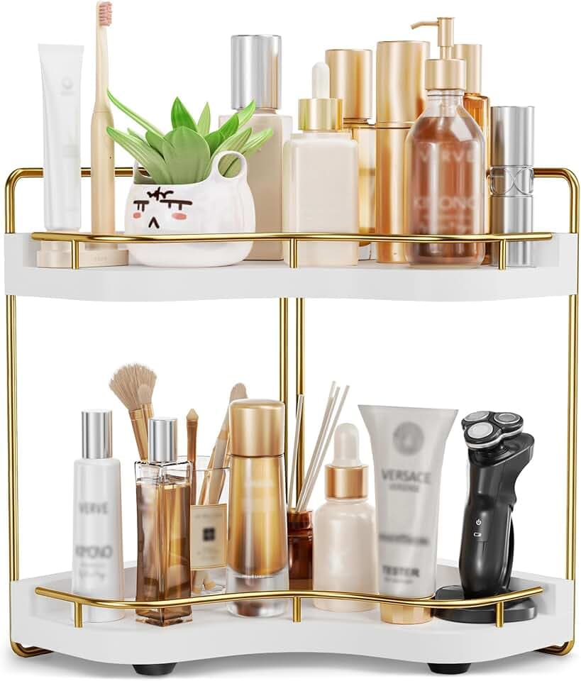 2-Tier Corner Bathroom Counter Organizer, Larger, White Gold