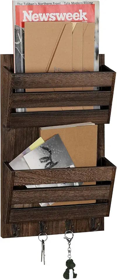 Mail Holder for Wall, Wooden Mail Sorter with 4 Key Hooks, 2 Slot Wall Mounted Mail Sorter Letter Bills Newspaper Magazine Organizer for Entryroom Hallway Office Garage, Rustic Brown