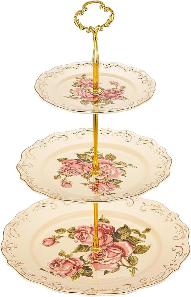 YOLIFE 3 Tiered CupCake Stand, 6-8-10 inch Pink Rose Pattern