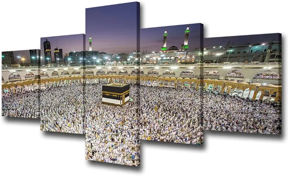 Mecca Canva Wall Art Saudi Arabia Building Muslim Pilgrims Painting Islamic Religion Holy Prints Picture 5 Piece Artwork Modern Home Decor Living Room Wooden Framed Ready to Hang(50Wx24H inches)