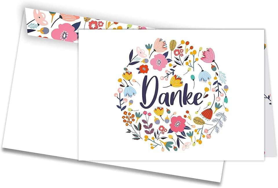 Friendly Fox 12 Dankeskarten, A6 Dankeschön Karten mit Blumen Motiv, Klappkarte mit Umschlag zum Danke sagen