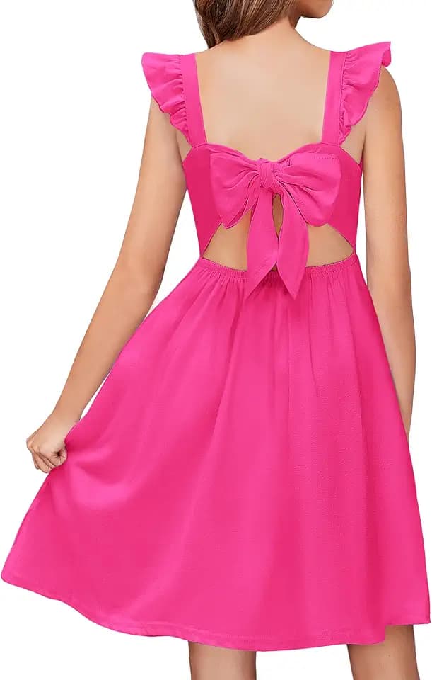 Arshiner Girls Summer Dress Square Neck Ruffle Sleeve Tie Back with Pockets