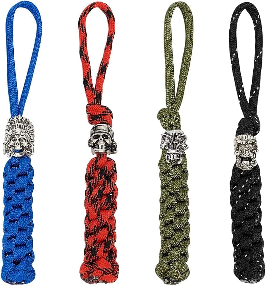 UNICRAFTAL Messer Lanyard Mit 4 Totenkopf Perlen Geflochtener Schlüsselanhänger Für Taschenmesser EDC Werkzeuge Taktische Lanyards Für Outdoor Camping Notfälle