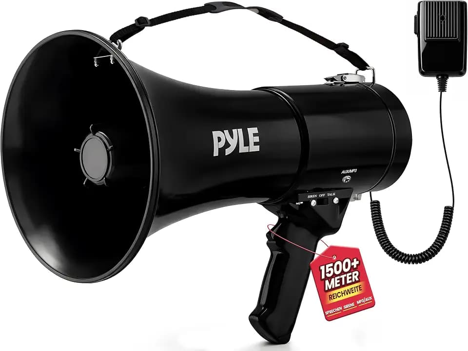 Pyle 50W Megafon mit Sirene & Mikrofon , Tragbar, Handmikrofon, 200m Reichweite Lautsprecher für Outdoor, Sport & Sicherheit Modellvarianten mit AUX/Recorder verfügbar