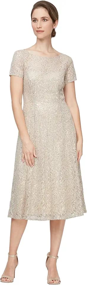S.L. Fashions Women's Sequined Lace Midi Dress (Petite and Regular Sizes)