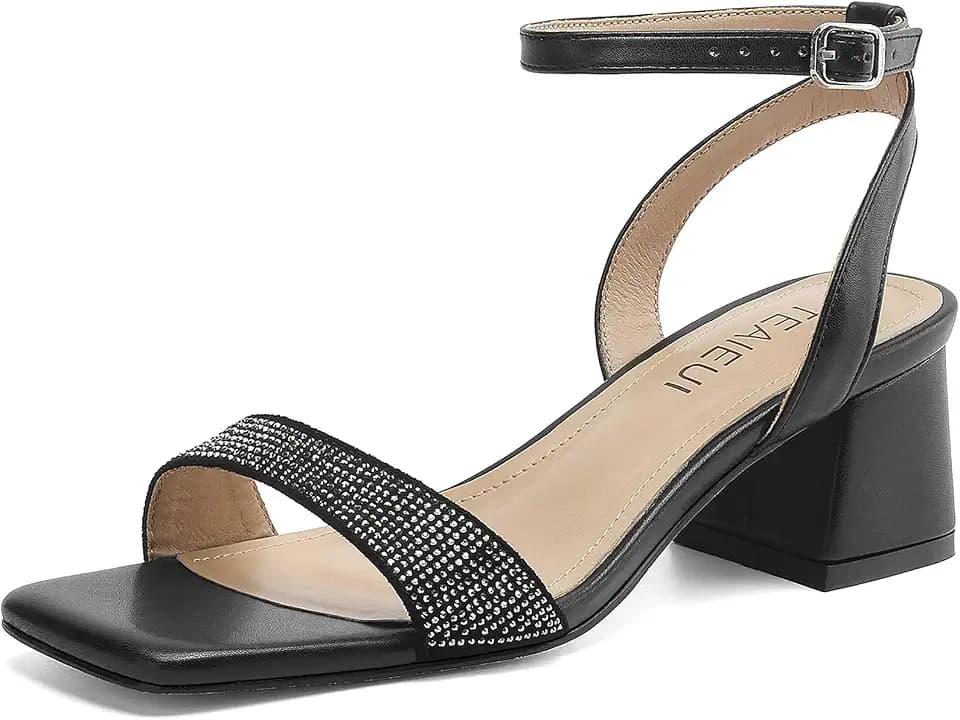 TEAIEUI Block Heels for Women, Square Open Toe Heeled Sandals, Chunky Ankle Strap Shoes for Dress, Party, Prom, Low Heel 2 inch, Rhinestone Black, Size 8