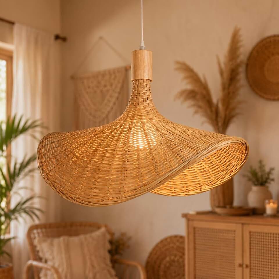 Bambus Hängeleuchten mit Vintage-hut, Lampenschirm Beige 50cm, E27-Fassung