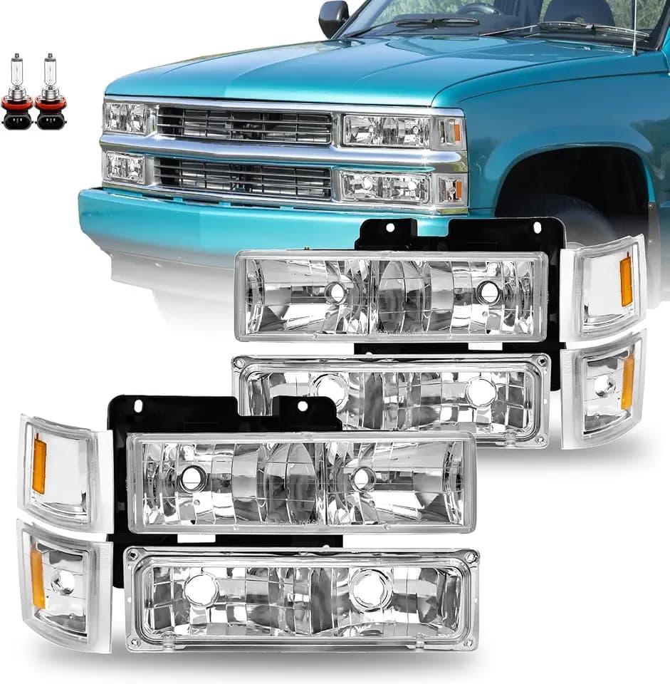 Headlights Assembly 4PCS w/Bulbs for 1994-1998 Chevy Silverado C10 C/K 1500 2500 3500, 95-99 Tahoe Suburban Front Lights with Corner & Bumper Lights, Chrome Housing Amber Reflector (LH+RH)