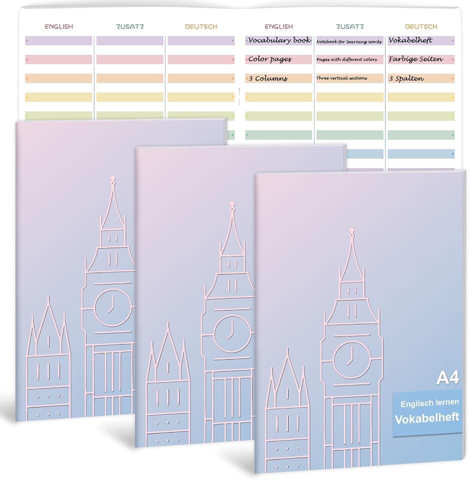 3 Stück Vokabelheft Din A4 3 Spalten Vokabelheft Englisch A4 Lineatur 54 Mit Teilungslinie 16 Blatt Schreibheft Heft A4 Lineatur 54/3 Spal Für Lernwörter Schüler Sprachbegeisterte 80 g/m² Mehrfarbig