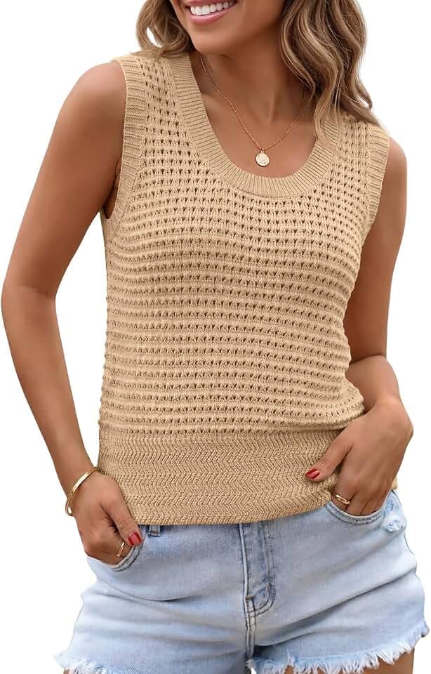 Saodimallsu Womens Summer Crochet Cover Up Sleeveless Scoop Neck Mesh Knit Beach Vacation Sweater Vest