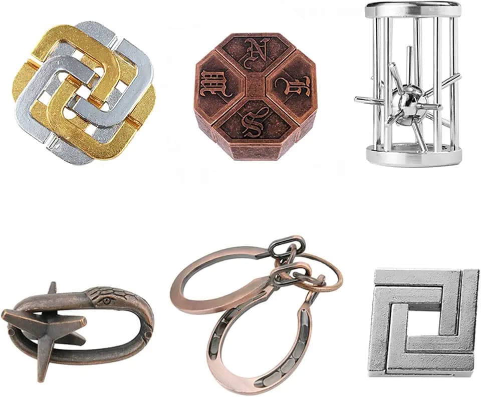 Knobelspiele Metall Puzzle Set, Joyeee Zaubertrick Spielzeug Denkaufgabe IQ Geist Test Lernspielzeug für Party Mitgebsel Erwachsene Teenager und Kinder Herausforderung, Grundschwierigkeit, 6 Stück - A