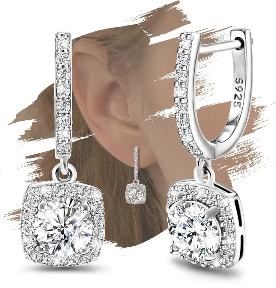 Dangle Hoop Earrings For Women Sterling Silver Huggie Earrings with Princess Cut Square Halo CZ Charm Dangling Drop Cartilage Cuff Earrings Hypoallergenic Jewelry Birthday Wedding Gifts