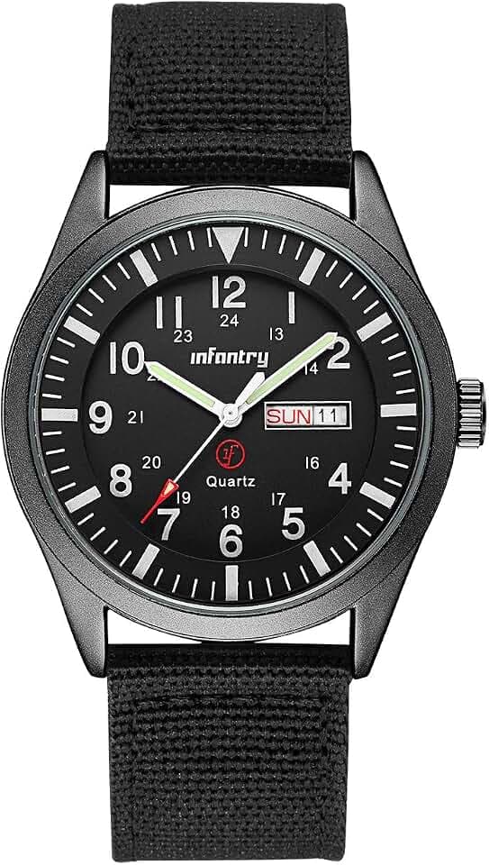 Infantry Military Watches for Men, Mens Field Wrist Watch for Tactical Outdoor Sport, Army Work Analogue Wristwatch, Date Day Display, 50M Waterproof, Black Nylon Strap