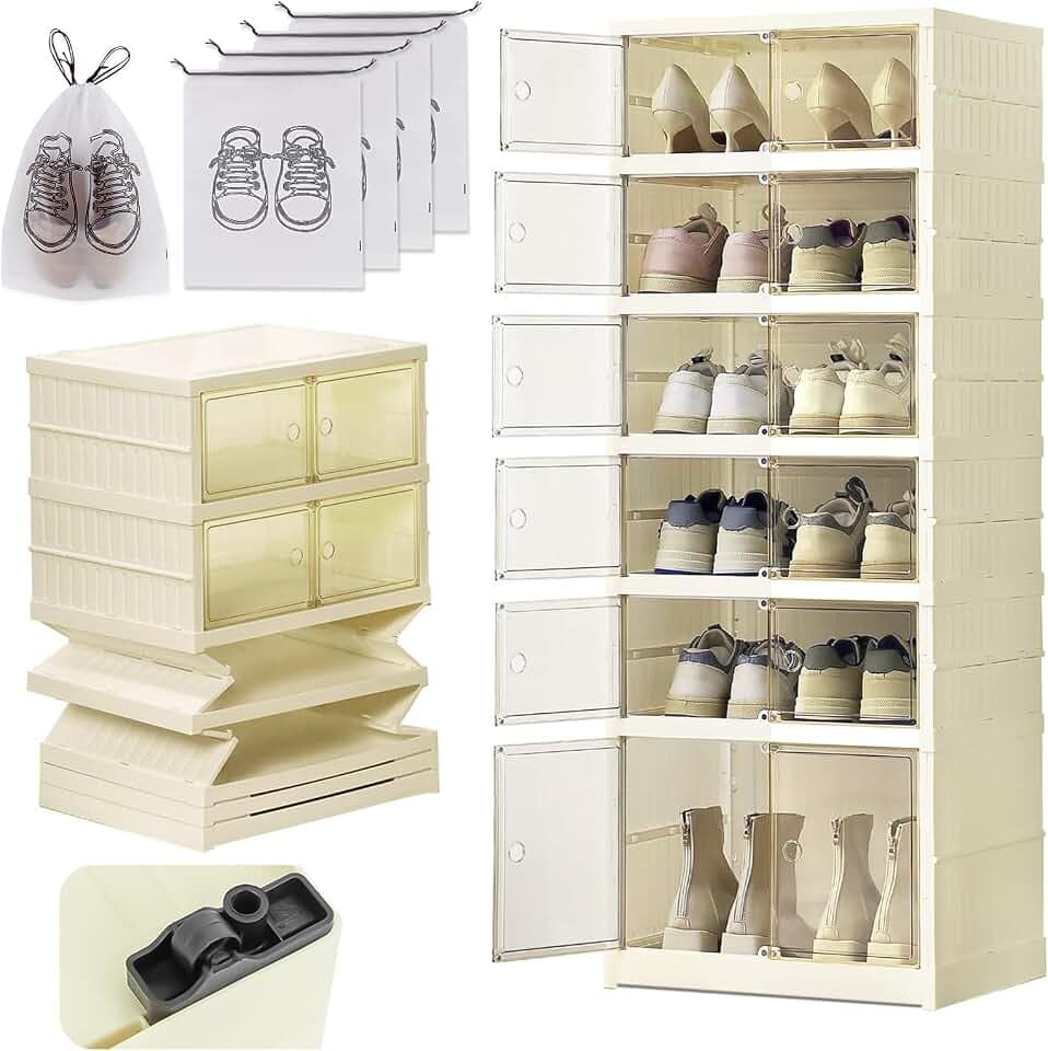 Schuhboxen Stapelbar Transparent Faltbarer Schuhschrank Schuhregal Klappbar mit Magnetischer Tür für 12 Paar Bis Größe 46 Geschlossen Schuhregal Hoch Schuhe Box Aufbewahrung Schuhaufbewahrungsbox