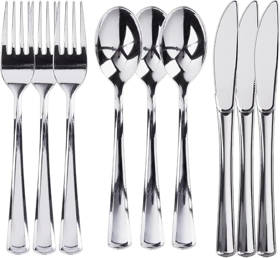 Prestee 300 Piece Heavy Duty Plastic Silverware Set - 100 of Each Silver Plasticware Forks, Spoons, Knives - Flatware Cutlery for Weddings - Durable Disposable Plastic Utensils for Catering, Buffets