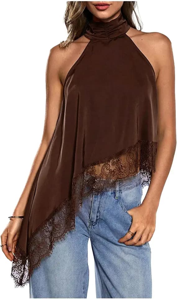 Milumia Women's Halter Neck Top Lace Asymmetrical Hem Going Out Tank Tops