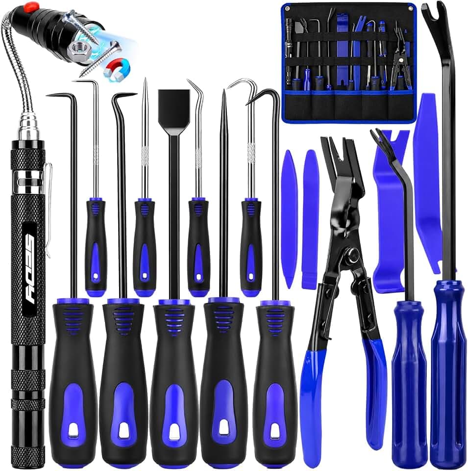 17PCS Pick and Hook Tool Set with Magnetic Pickup Tool, Trim Removal Tools, Clip Removal Plier, Fastener Removers and Gasket Scraper for Automotive, O-Ring, Gasket, Hose, Panel Removal and Car Repair