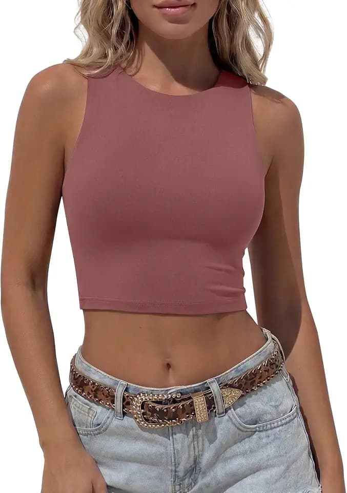 REORIA Women's Fitted Crop Tank Top High Neck Racerback Sleeveless Top