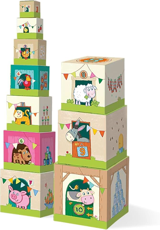 HABA Stapelwürfel Auf dem Land – Stapelspiel ab 1 Jahr mit Bauernhof-Motiven – 10 Würfel aus stabilem Karton – Fördert Motorik & erstes Zählen – 1005879001